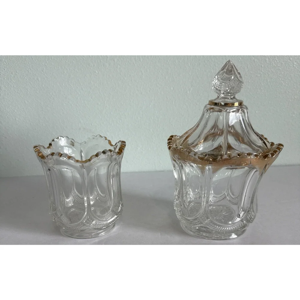 Vintage EAPG US Glass Biscuit Jar w/Lid and Sugar‎ bowl with gold Trim